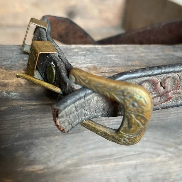 For Crafting - Hand Tooled Saddle Belt Leather Gold Tone Buckle Vintage - Picture 3 of 8